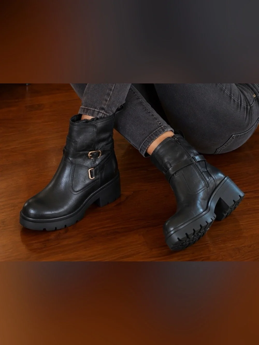 Steve Madden Colletta Leather Buckle Detail Lug Sole Booties